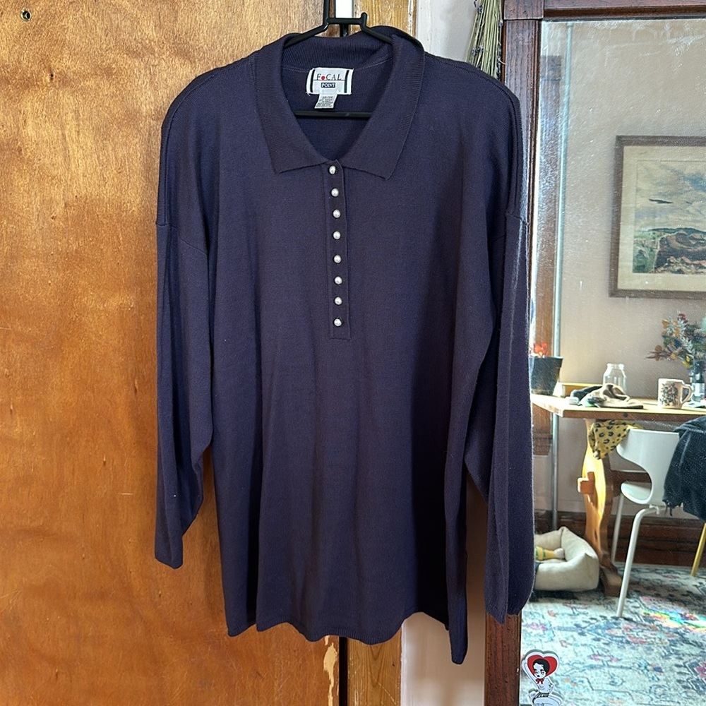 Eggplant knit pearl button up collared sweater top purple
